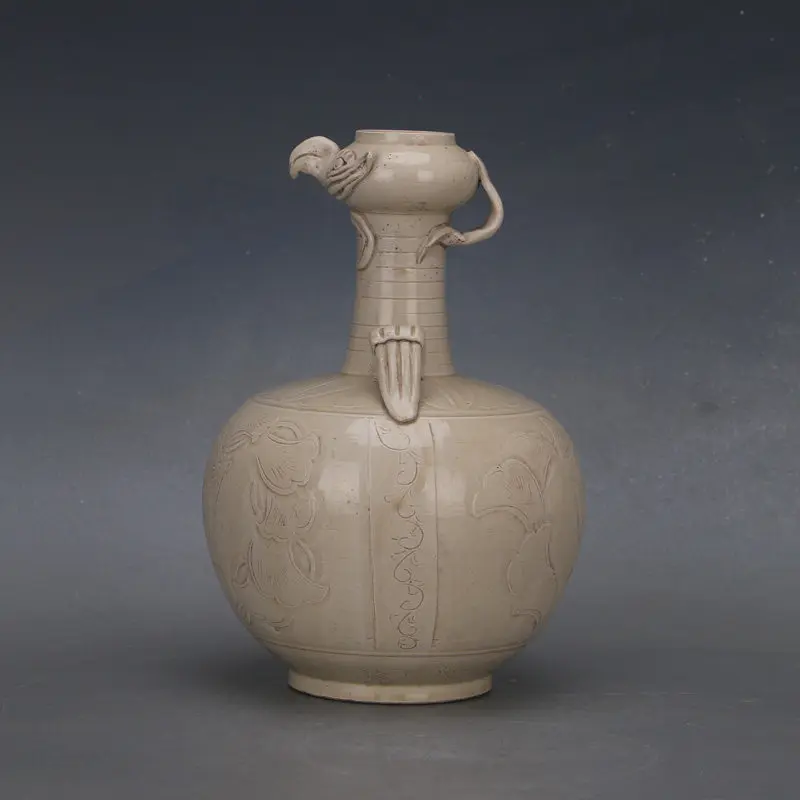 Song Ding Kiln White Glaze Incised Floral Double Loop Chicken Head Ewer Antique Replica Porcelain Home Decor Collectible