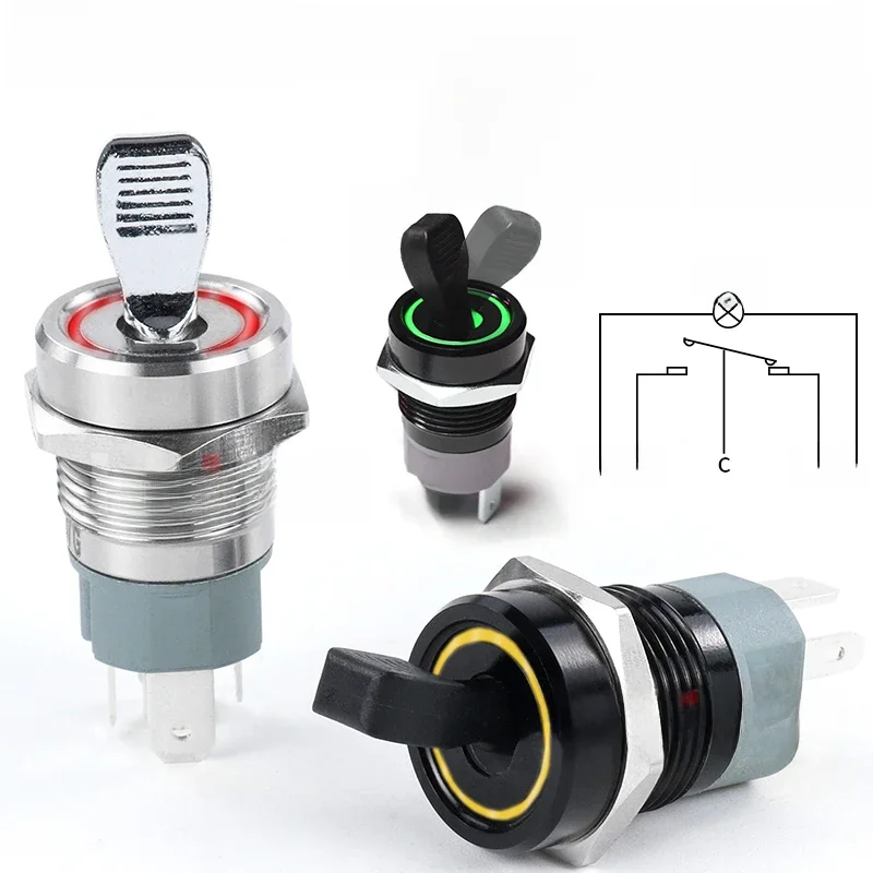 Interrupteur à bascule en métal à courant élevé, 16MM, autobloquant, marche-arrêt, bouton-poussoir étanche, 2 Positions, 1NO1NC, Led éclairée