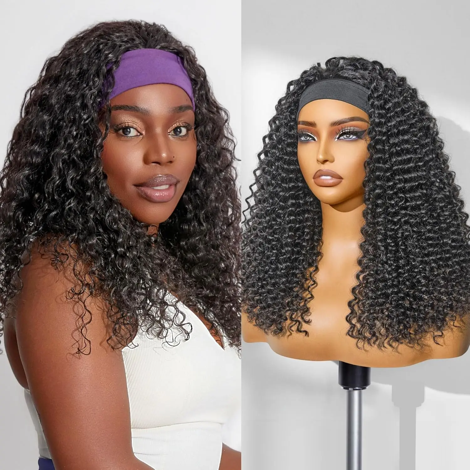 Peluca con diadema de cabello humano, peluca con ondas profundas, hecha a máquina, diadema rizada profunda, peluca Bob de 30 y 34 pulgadas, pelucas de cabello humano para mujeres