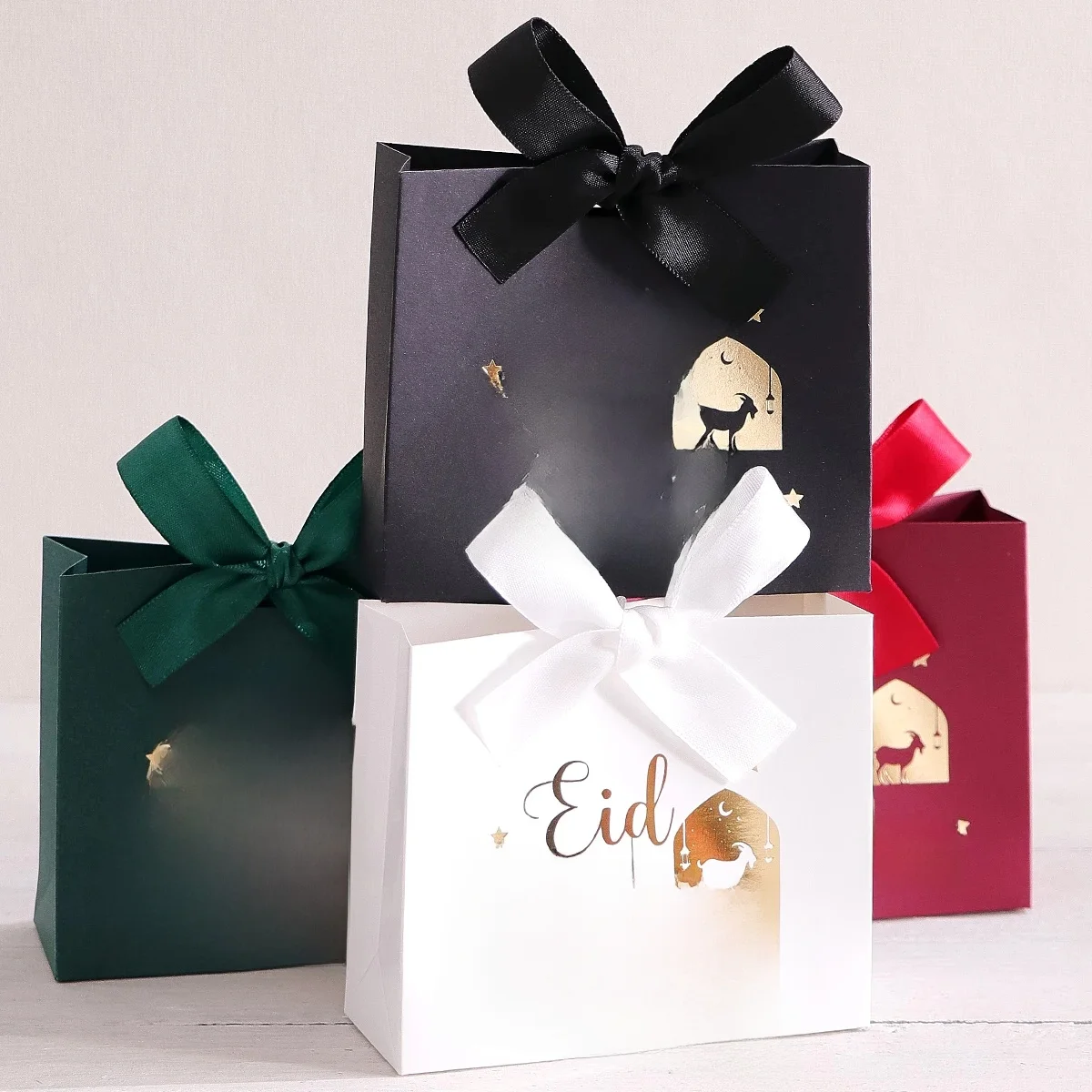 5 coffrets cadeaux Eid Al-Adha, beau motif de texte de mouton et de calligraphie, couleurs pastel, poignées en ruban, parfaits pour Eid Al-Adha Pa