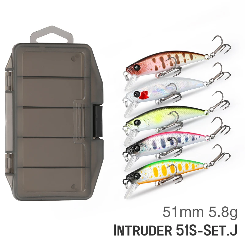 TSURINOYA Intruder 51S Set Sinking Minnow 5 Stück mit Köderbox 46mm 5g Stream Lake Hard Bait für Forellen-, Ajing-, Bass- und Hechtangeln-Set