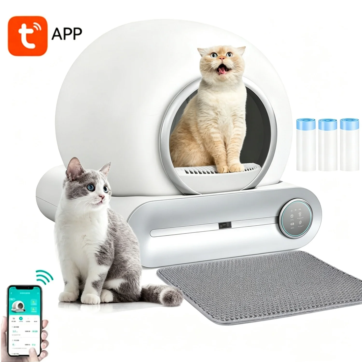 Intelligente Selbstreinigende Katzentoilette 65L Extra Groß Geschlossene Automatische Katzentoilette mit Mobile App-Steuerung, Halbgeschlossenes Set mit Katzenstreu-Matte und Müllbeuteln