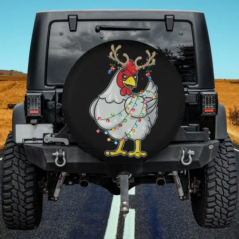 Christmas Chicken Reindeer Antlers Lights Pajama Funny Spare Tire Cover Thickening Leather Universal Fit for Jeep, Trailer, RV,