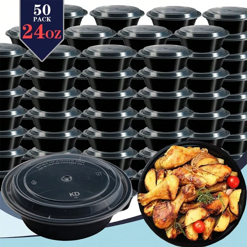 24oz 50Pack Black Round Meal Prep Containers With Lids, Food Storage Container, Disposable Plastic To Go Containers, Bento Box, Stackable, Leak-Proof, MicrowaveSafe, DishwasherSafe, Kitchen Organizers And Storage