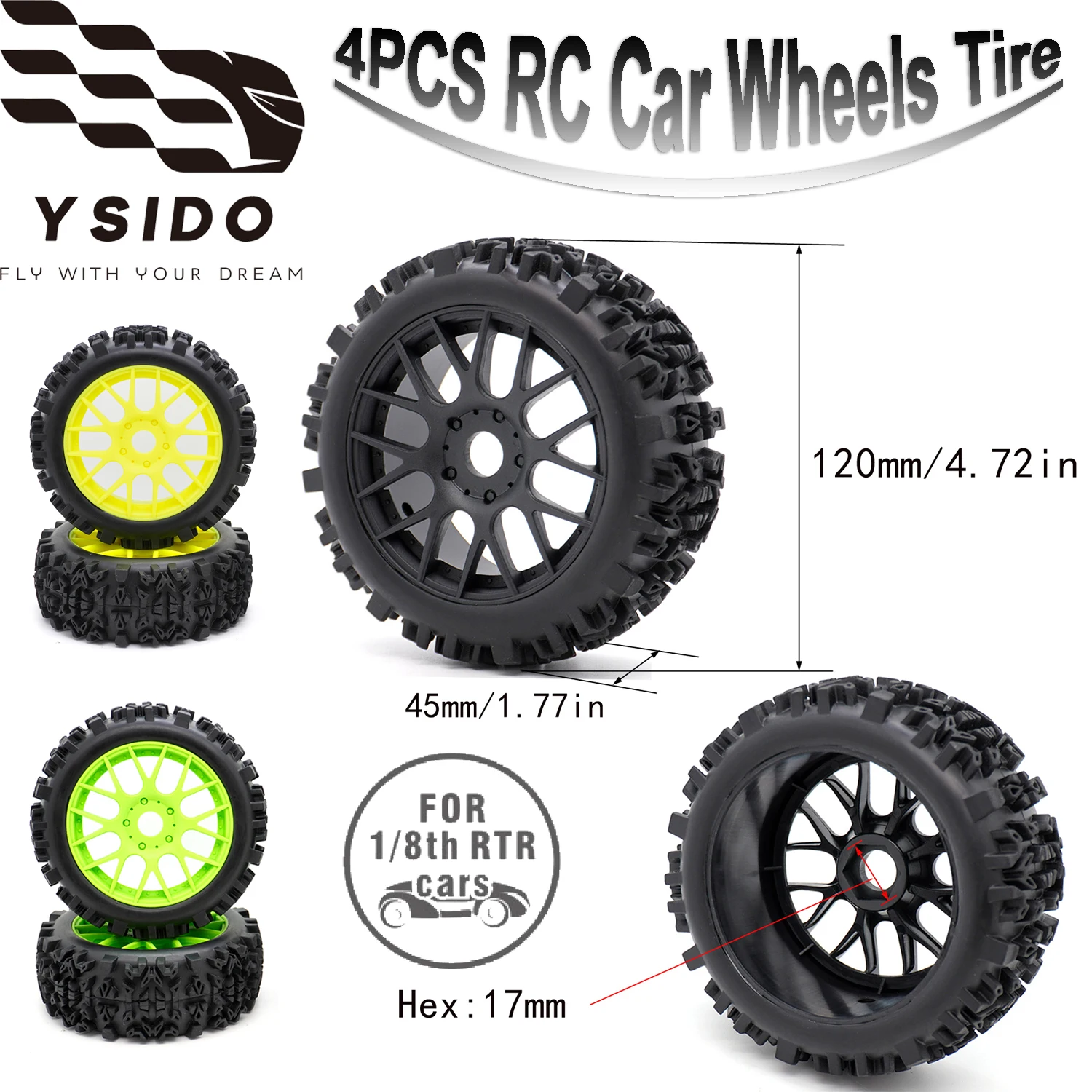

4PCS 120mm 1/8 RC Off-Road Buggy Vehicle Car Wheels Tire 17mm Hex for 1/8 ARRMA Typhon Talion Traxxas Redcat Team Kyosho HPI HSP
