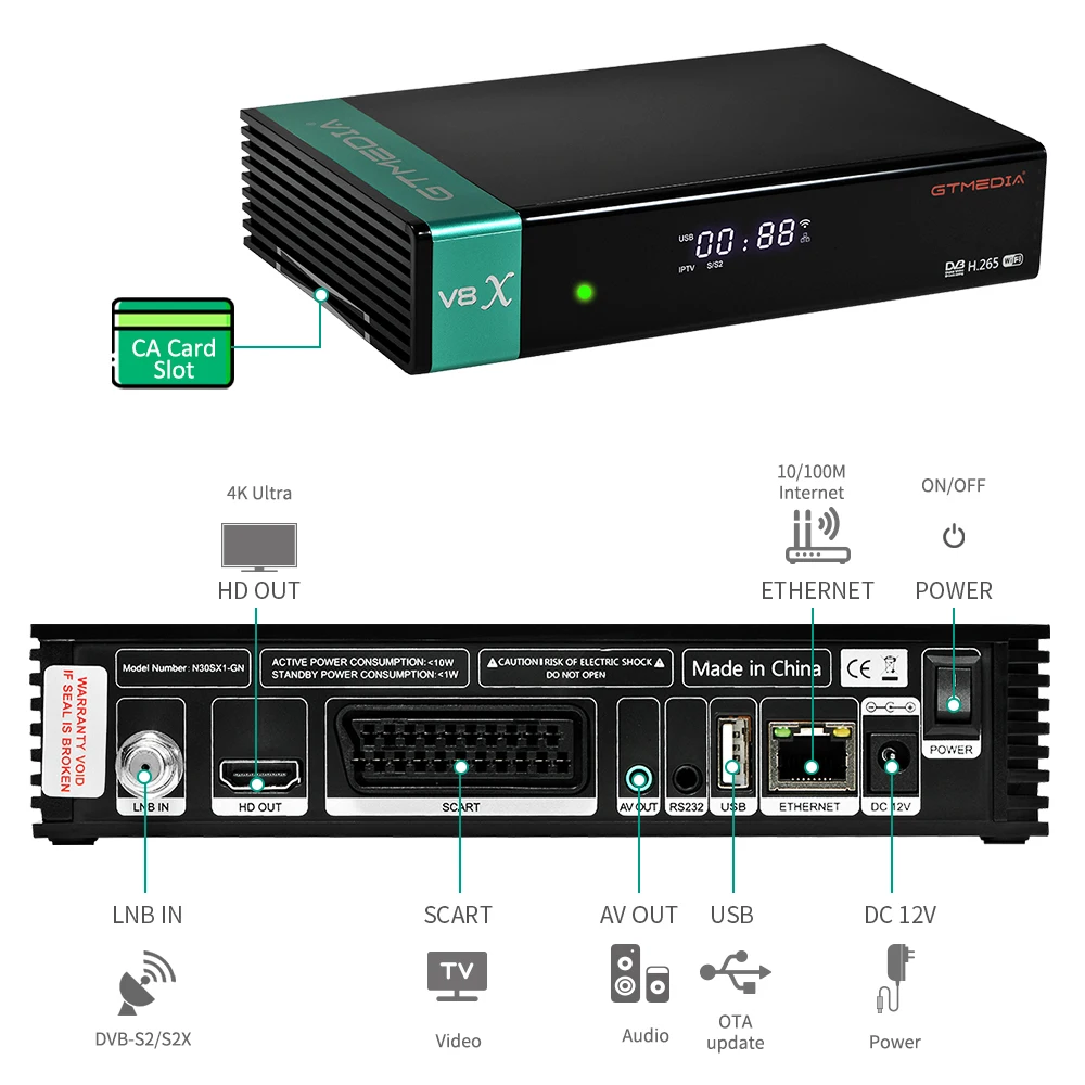 GTmedia V8X DVB-S/S2/S2X Satellite Receiver Support MARS IKS Autoroll PowerVu Built-in WIFi H.265 AVS+ CA Card  1080P DVB-s2 FTA