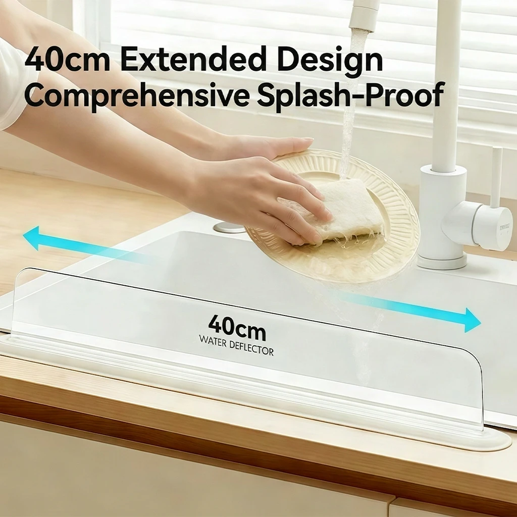 40cm Kitchen Sink Splash Guard Clear Water Deflector Anti Splash Sink Baffle Removable Countertop Protector Easy Clean Faucet Sh