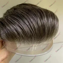 Ventilated Swiss Lace Front Gray Male Human Hair Men's Toupee Capillary Prosthesis Hair Replacement System Bleach Knots Hairline