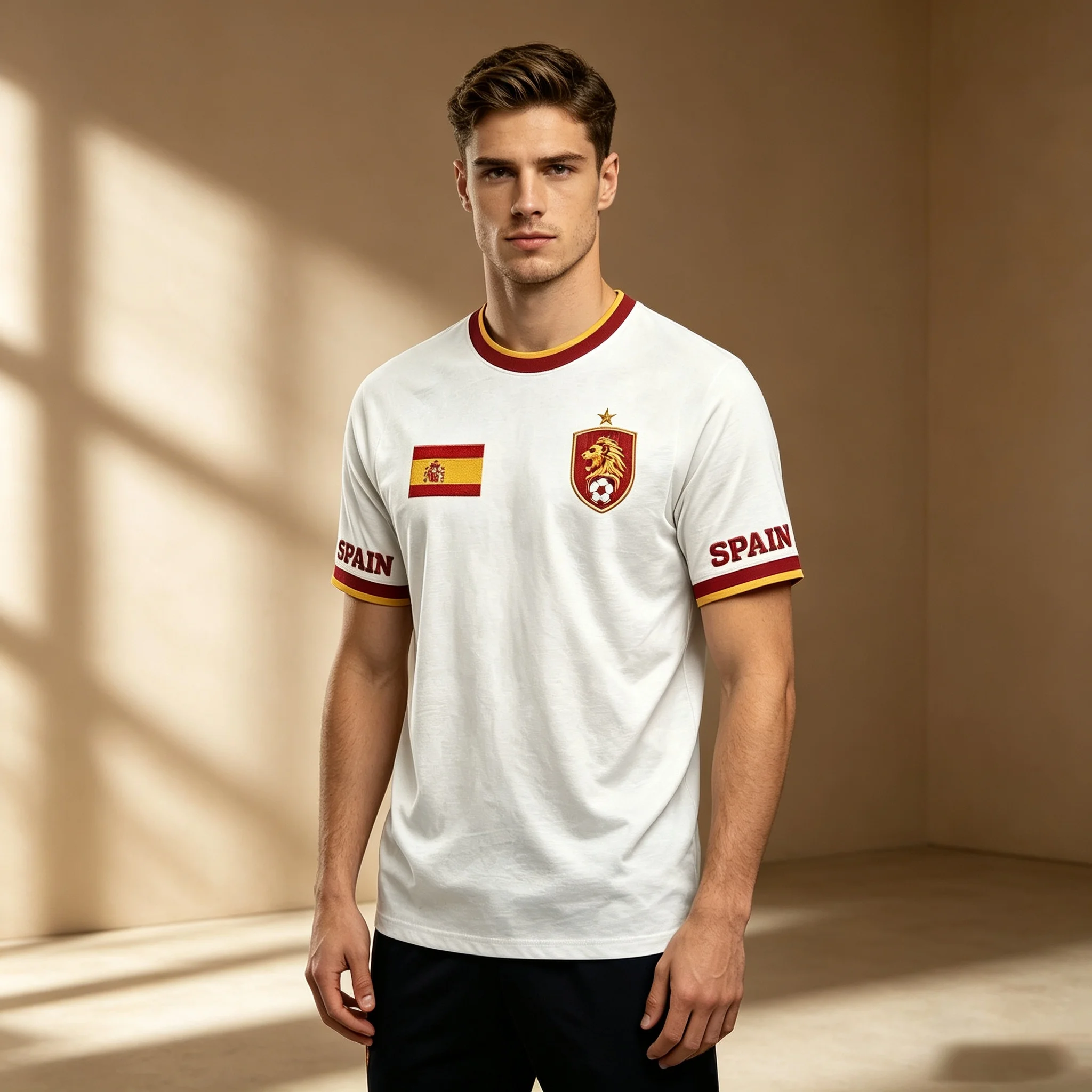 Schnelltrocknendes Herren Spanien Fußball T-Shirt Löwenemblem Spanien Flaggen-Print Rot Goldener Kragen Kurzarm Fußball Match Trainingstrikot