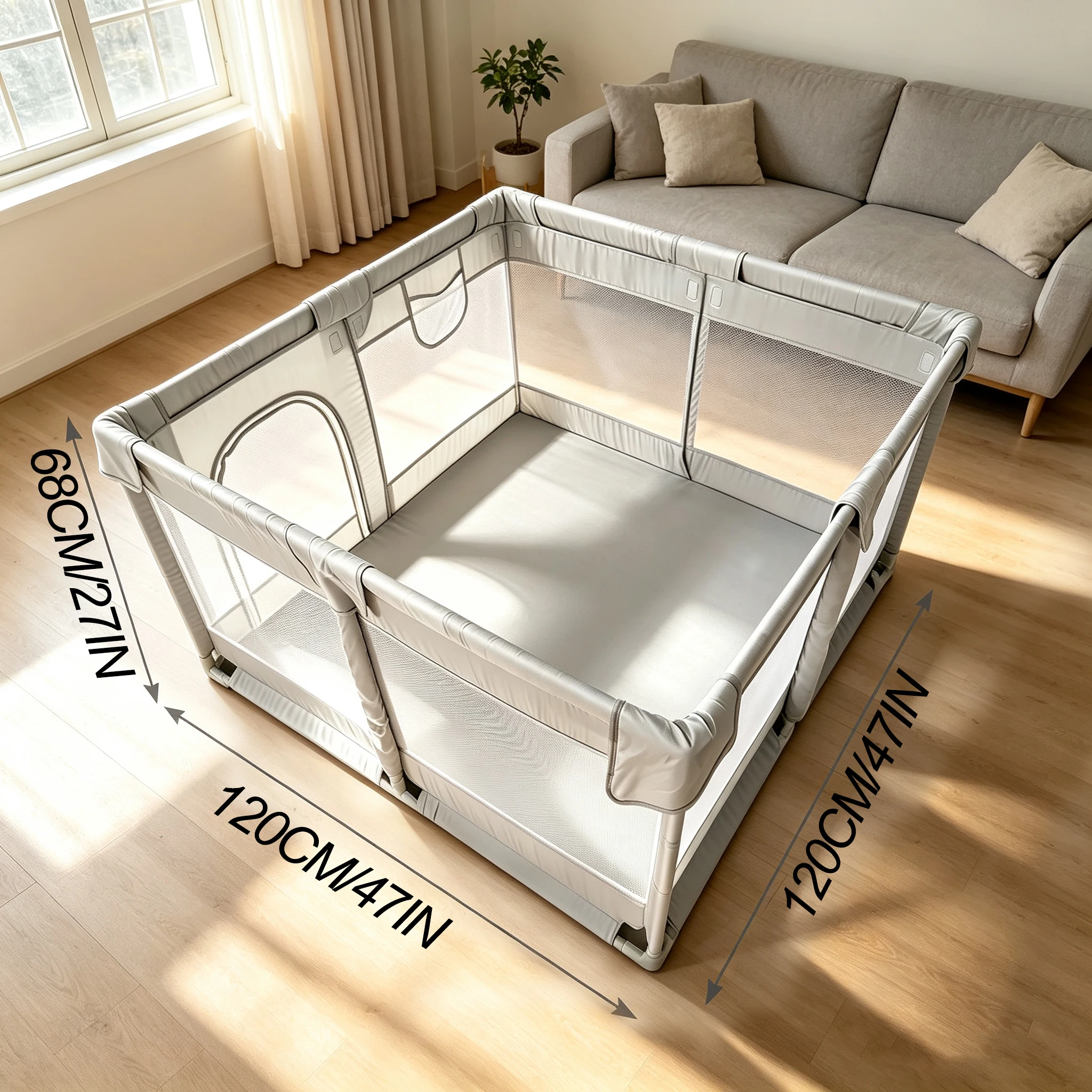 47×47×27 Inch Large Baby Playpen, Breathable Mesh Safety Play Yard with Anti-Slip Mat, Portable Toddler Activity Fence, Easy Setup Indoor Outdoor Infant Play Area