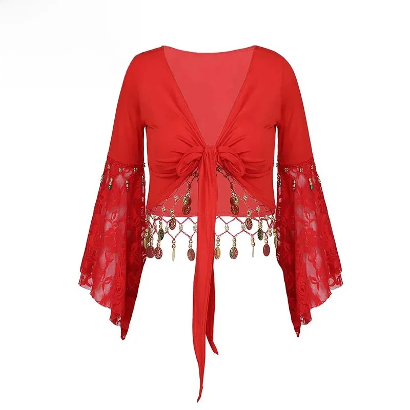 Costume de danse du ventre indien pour femme, patchwork de dentelle, manches évasées trois quarts, pompon perlé, châle droit, haut court, cardigan, vêtements de danse
