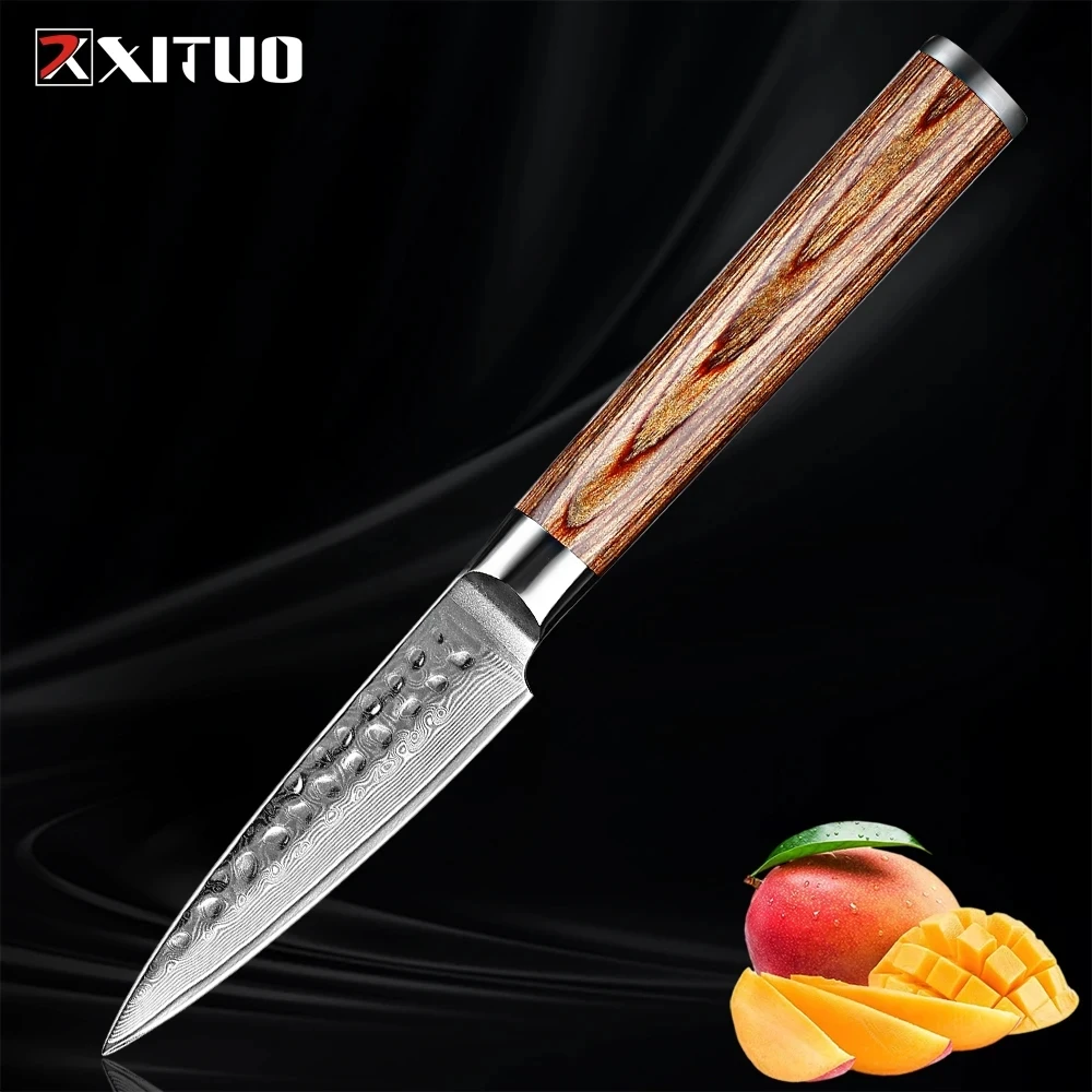Cuchillo de pelar XITUO ultraafilado, cuchillo multiusos Damasco, cuchillo para pelar con núcleo de acero japonés VG10, mango de madera dorada, cuchillo para frutas