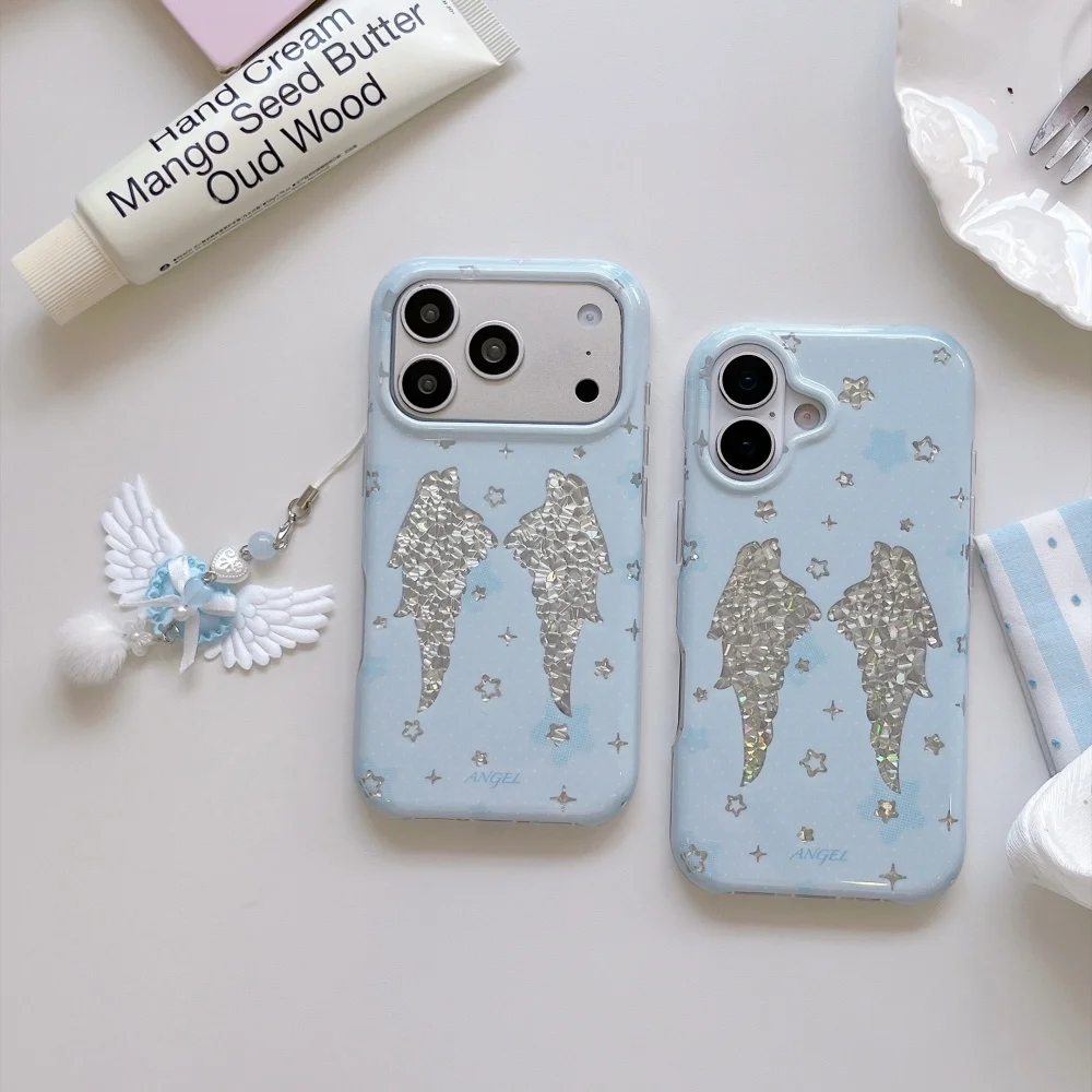 Cute Glitter Angel Wings Print Phone Case For iPhone 17 Pro Max 16 15 17 Pro Max Cover Blue Sweet Y2K Aesthetic Protective Cases