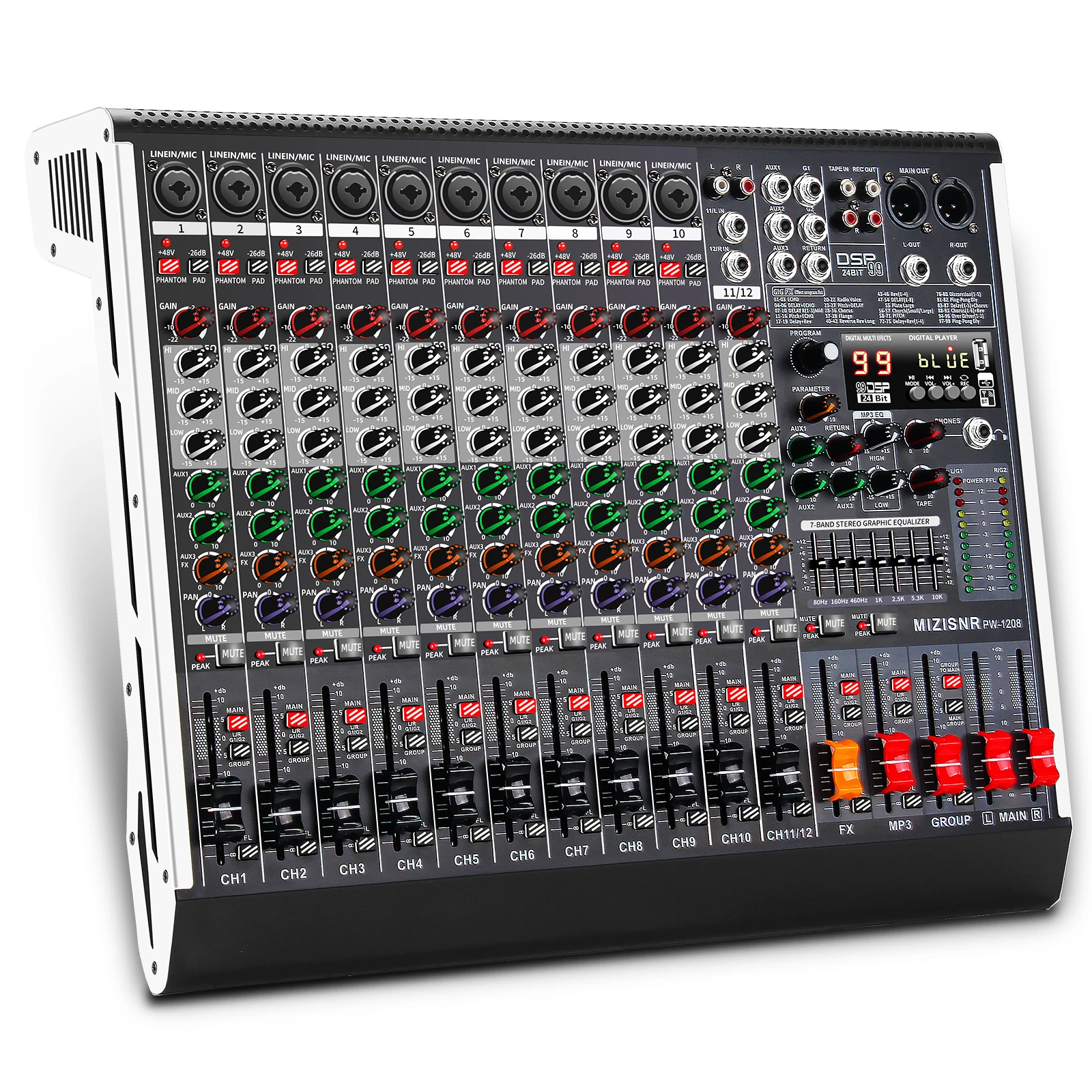 FULUODE 10 Channel Mixing Console Mono 99 Digital Effect USB Sound Card dj Mixer Bluetooth 48V 2 AUX Dj Karaoke Audio Table