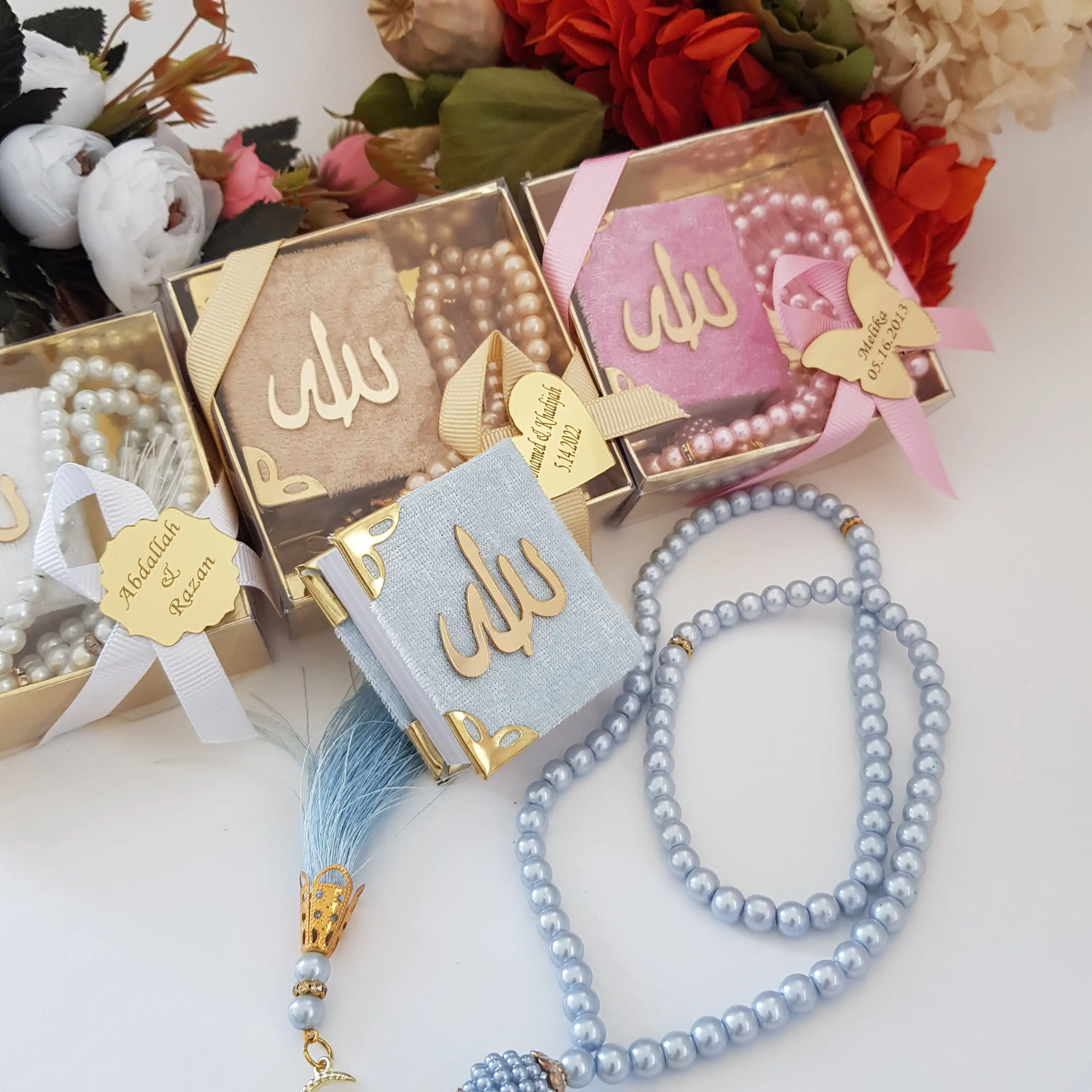 10 PCs mixed color Velvet Mini Quran Pearl Tasbeeh Decorated Box Gift Set | Eid Favor | Wedding Favors | Baby Shower Favor