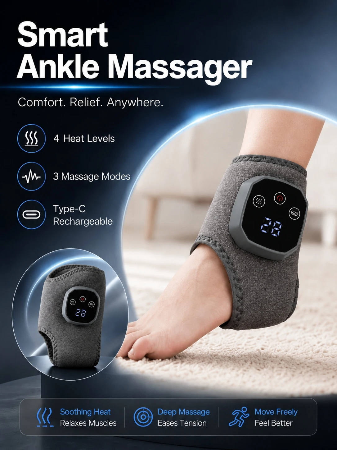 

2026 Cordless Ankle Massager Hot Compress Foot Brace Wrap, Electric Vibration Warmer for Ankle Wrist Daily Relaxation