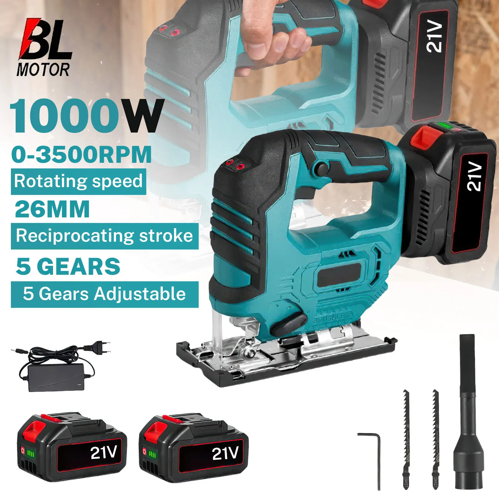 Scie sauteuse électrique sans balais 3500 tr/min, 1000 W, sans fil, angle réglable, 3 vitesses, outil électrique pour le travail du bois, compatible avec la batterie Makita 18 V.