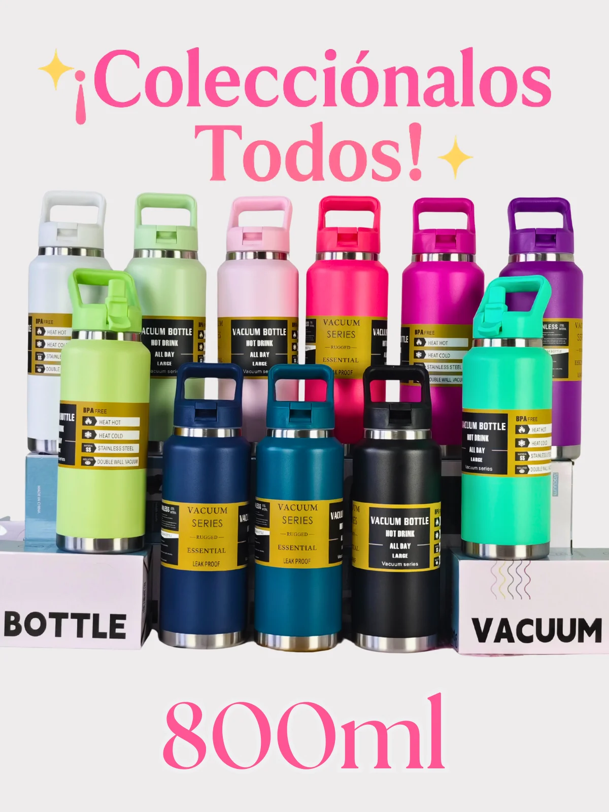 زجاجة حرارية Fab-5 مزدوجة الجدار من الفولاذ المقاوم للصدأ سعة 800 مل مع مقبض مريح وغطاء محكم وتصميم حديث بألوان نابضة بالحياة - تحافظ على مشروبات باردة أو ساخنة، مثالية للمكتب وصالة الألعاب الرياضية والمدرسة والسفر #1