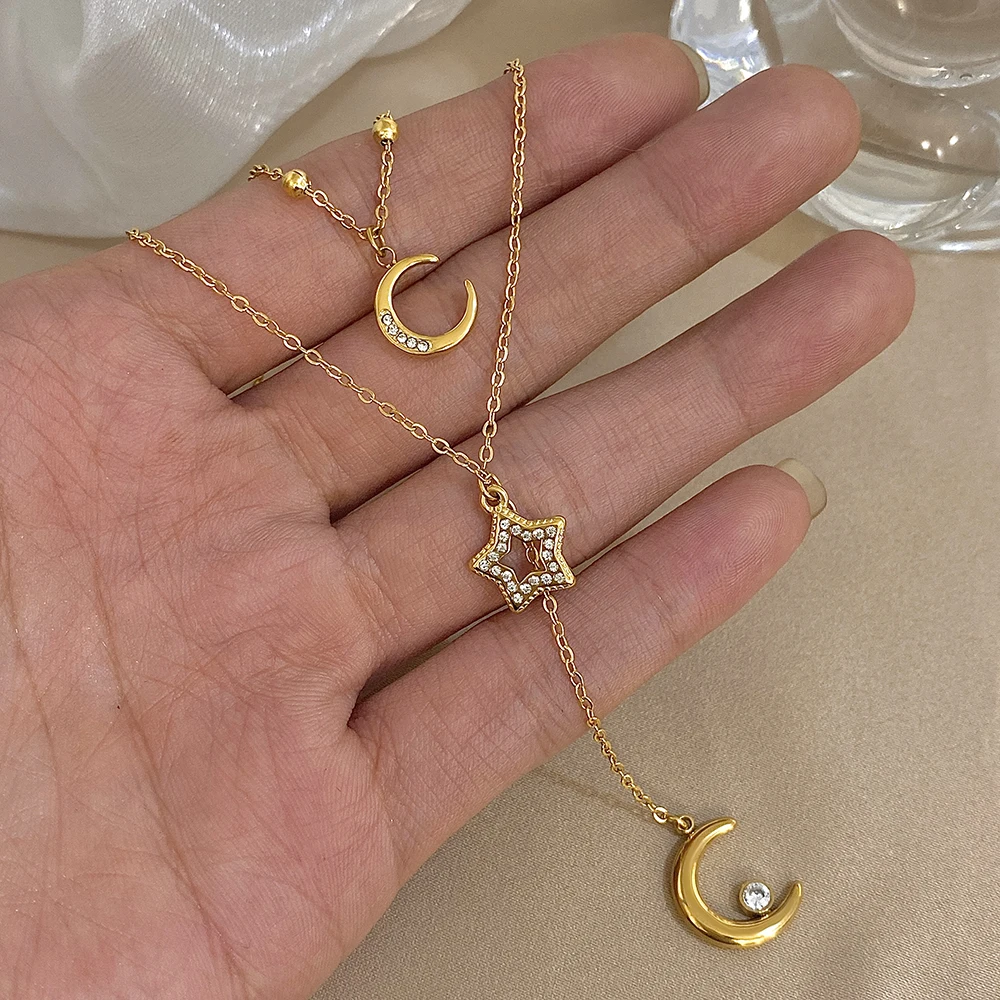 

Classics 2Pcs Stainless Steel Star Moon Long Pendant Necklace for Women Double Layer Golden Chain Choker Fashion Jewelry Gift