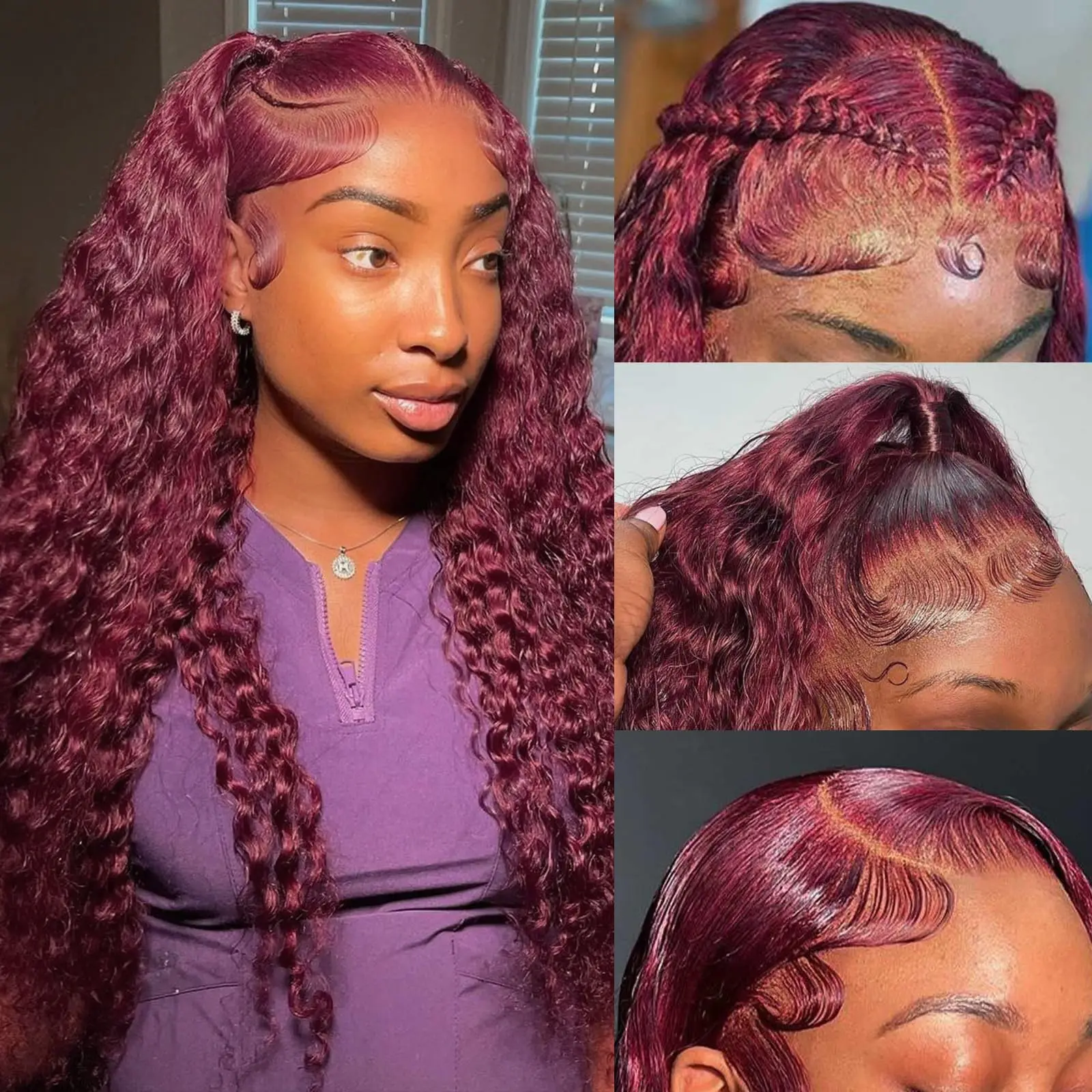 女性用フロントレース付きカーリーウィッグ100-人毛透明バーガンディブラジル13x413x613x4フルフロント100