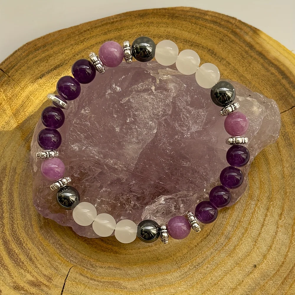 Amethyst and Hematite Handmade Natural Stone Beaded Bracelet for Sleep Resilience Homeopathic Jewelry for Unisex - 1 pc