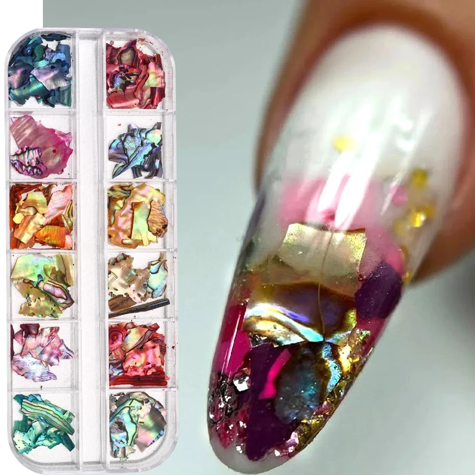 Flocons de coquille d'ormeau à paillettes irrégulières, 12 grilles, pour décoration Nail Art, breloques 3D, tranches d'été, accessoires de manucure à faire soi-même