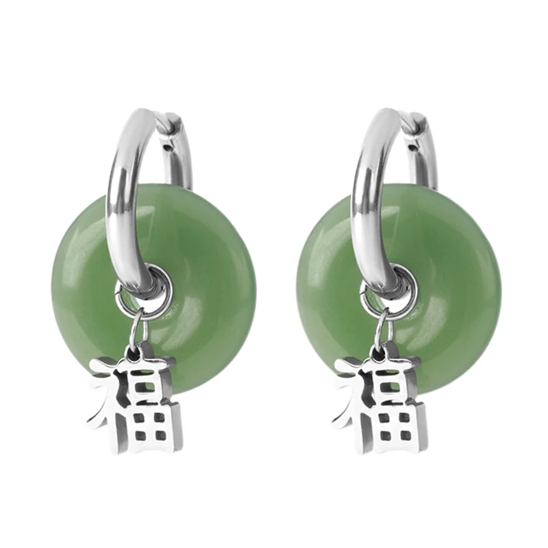 CSJA Green Jades Round Hoop Earrings for Women Stainless Steel Ear Clips Without Hole Earclip Fake Piercing Earring Jewelry G886