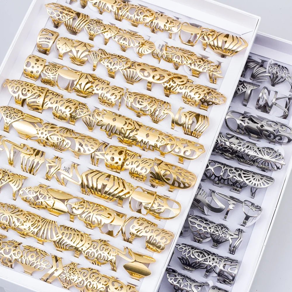 Bagues creuses en acier inoxydable pour hommes et femmes, 20 pièces/lot, Style mixte, cœur, amour, papillon, fleur, bijoux à breloques géométriques