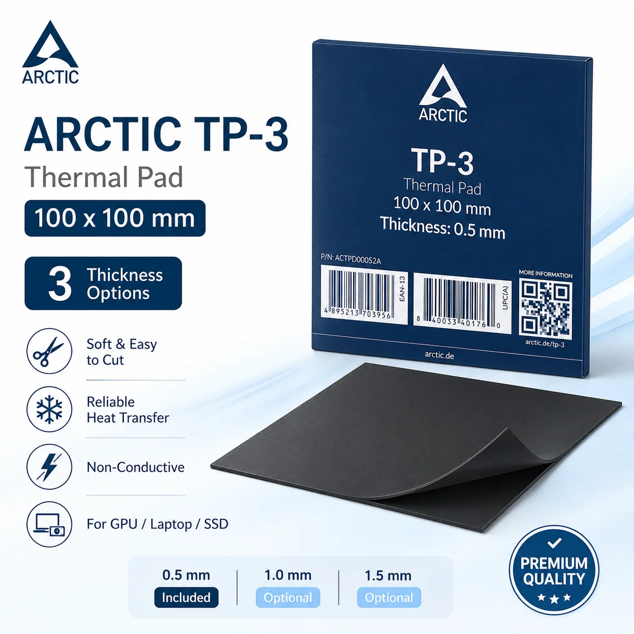 ARCTIC TP-3 100x100mm Thermal Pad 0.5/1.0/1.5mm Soft Non-Conductive Gap Filler for GPU VRAM M.2 SSD Laptop PC Cooling
