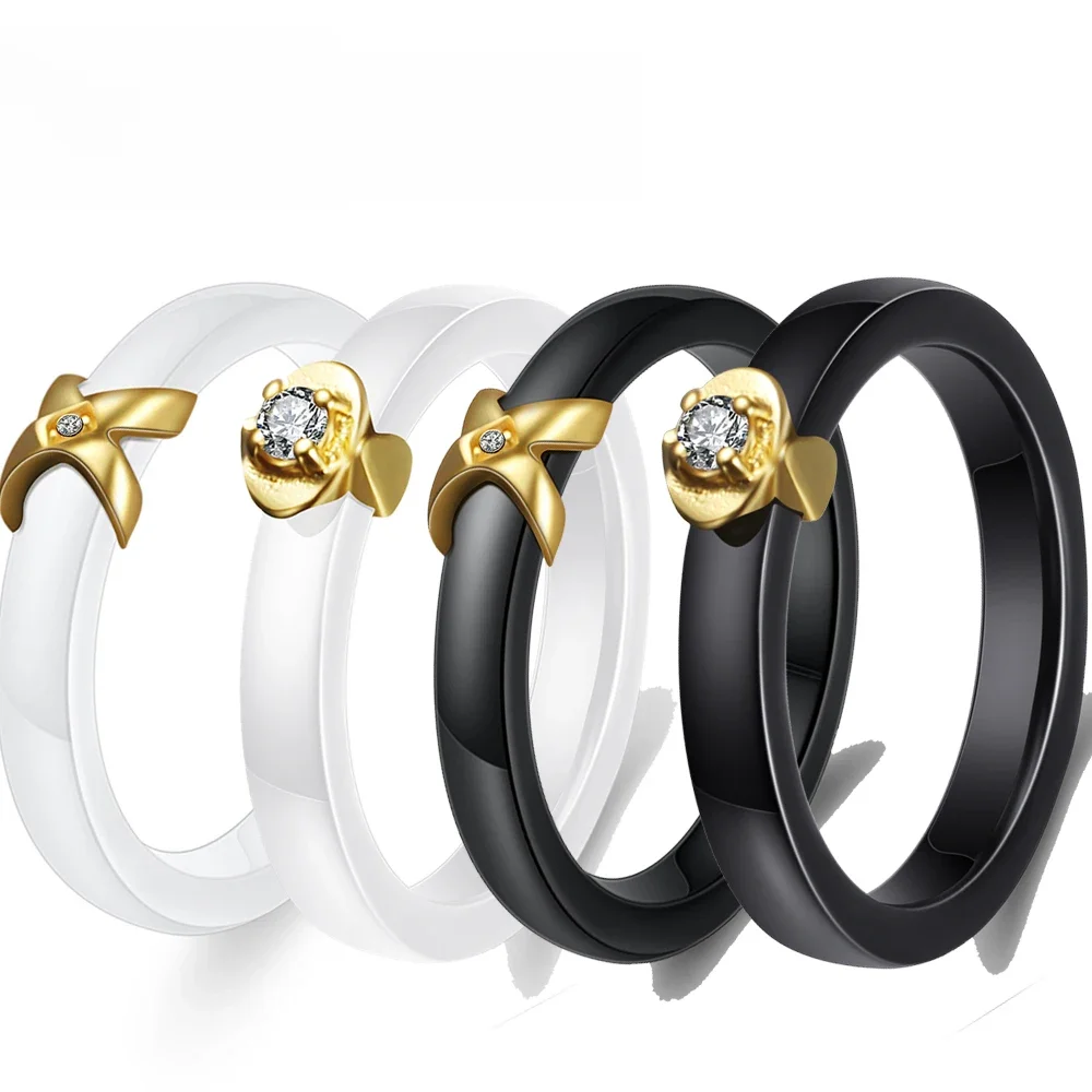 Niba Aaa Kristall X-Form schwarz/weiß Keramik Ring Zirkonia Stein Eheringe Modeschmuck trendy