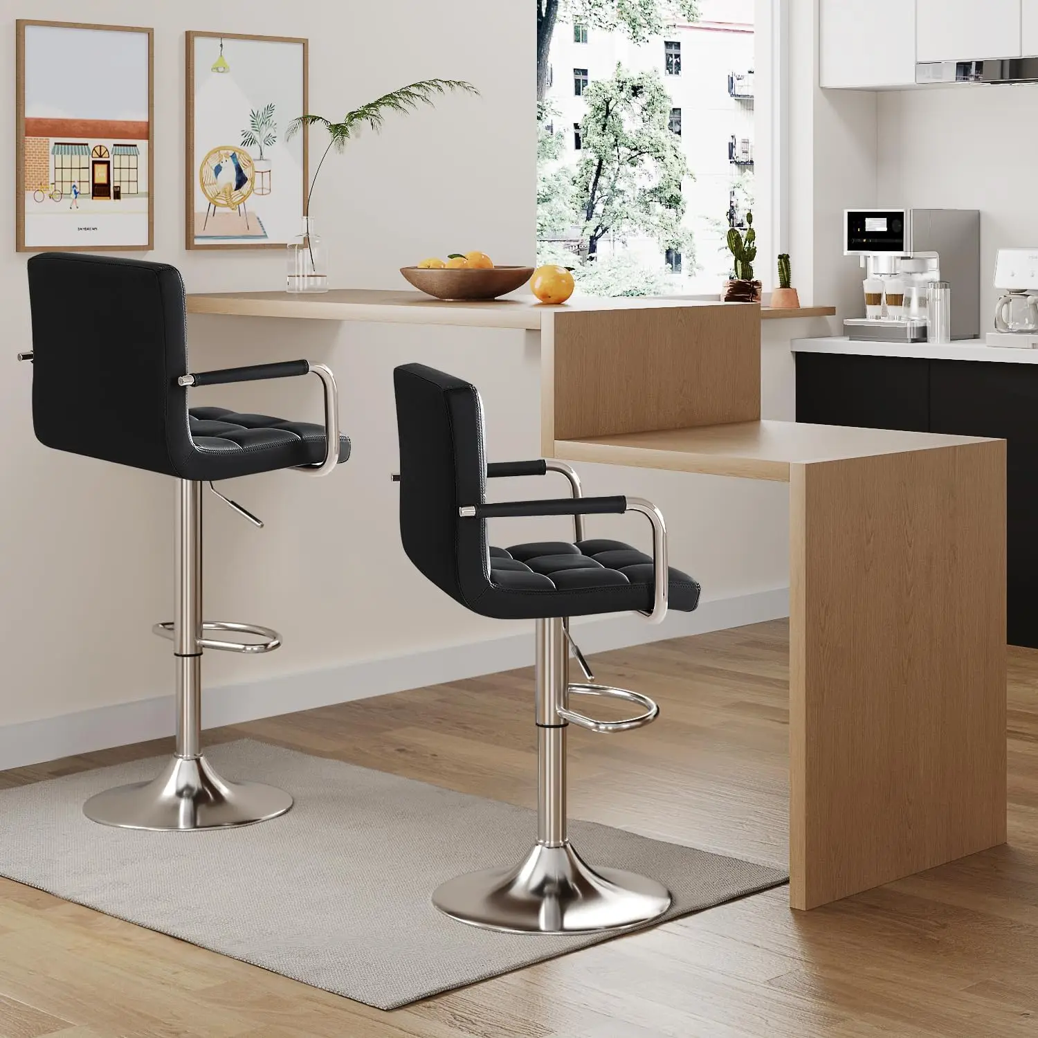 Bar Stools with Armrest Modern PU Leather Swivel Adjustable Hydraulic Bar Stool X-Large Base and Seat Square Counter