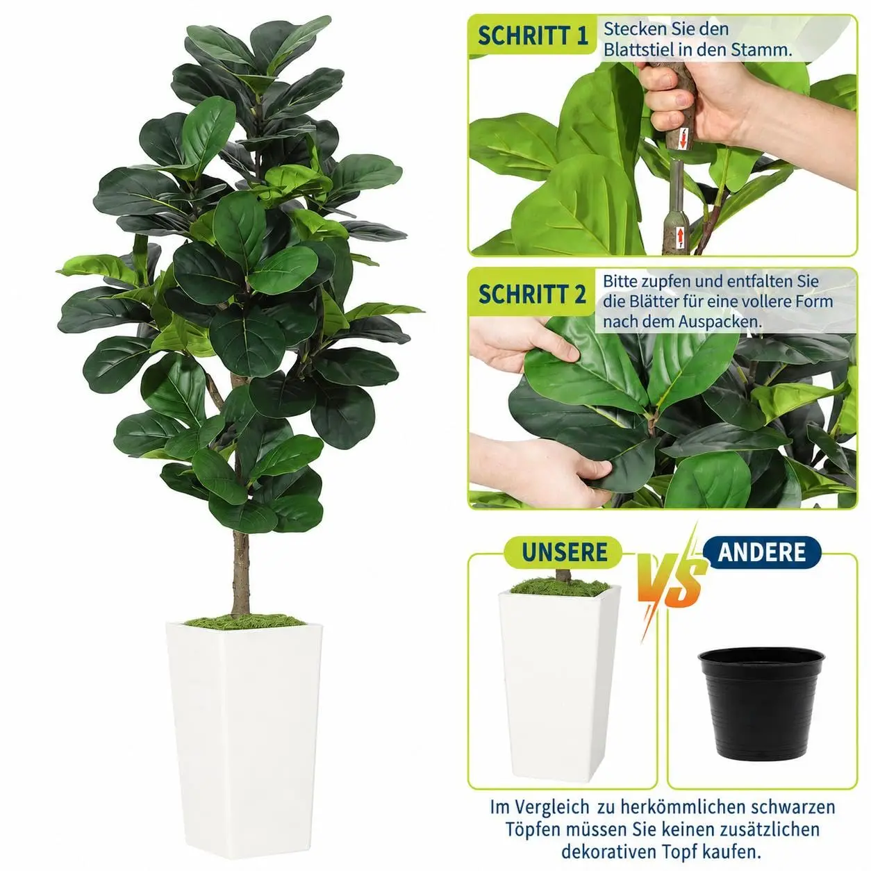 Arbre artificiel Ficus Lyrata 180 cm, plante artificielle réaliste, grande taille dans un pot, branches flexibles, facile d'entretien, pour salon, bureau, intérieur.