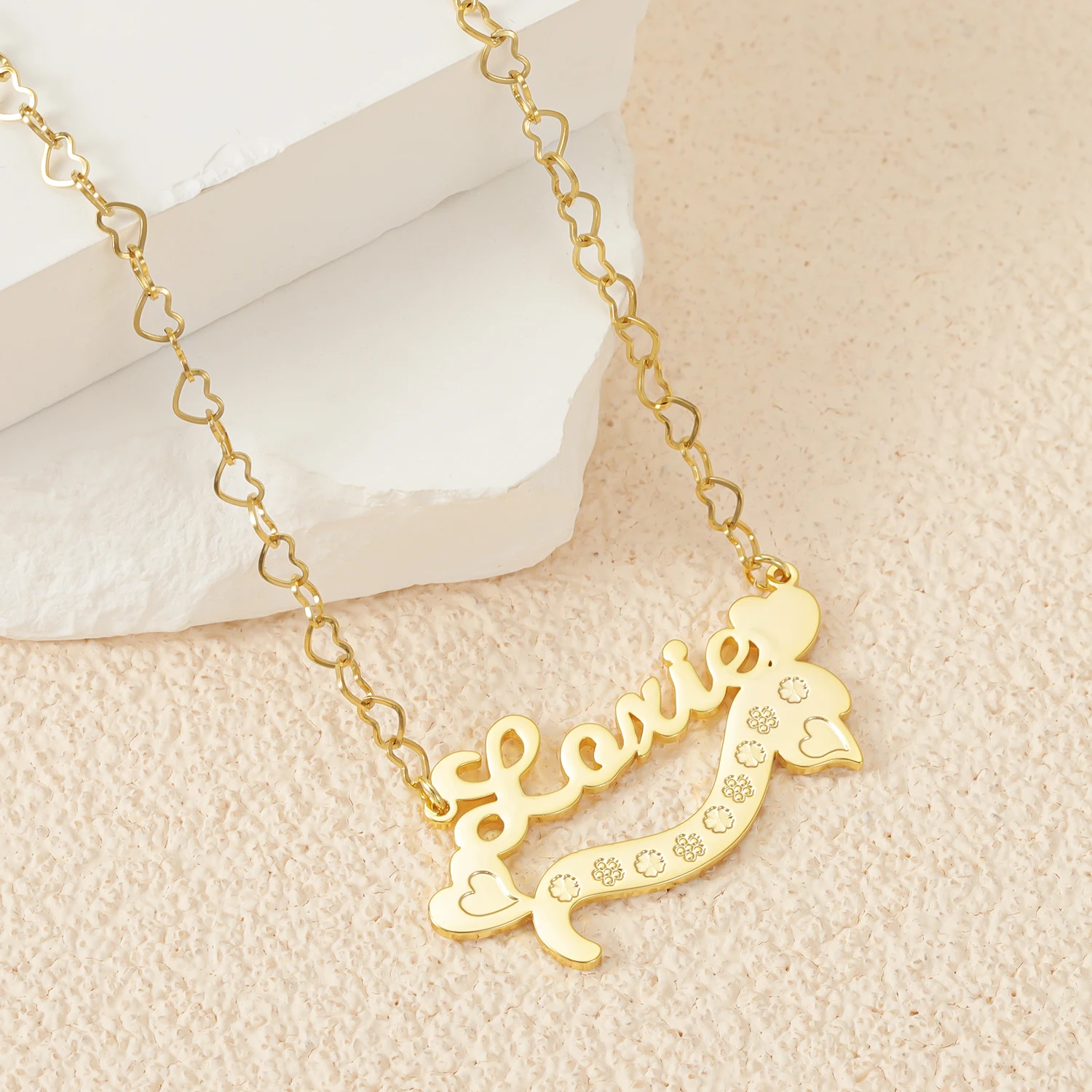 Love Corrosion Pattern Bottom Customized Name Necklace 18K Gold Plated Pendant Love Buckle Chain Best Christmas Gift For Women