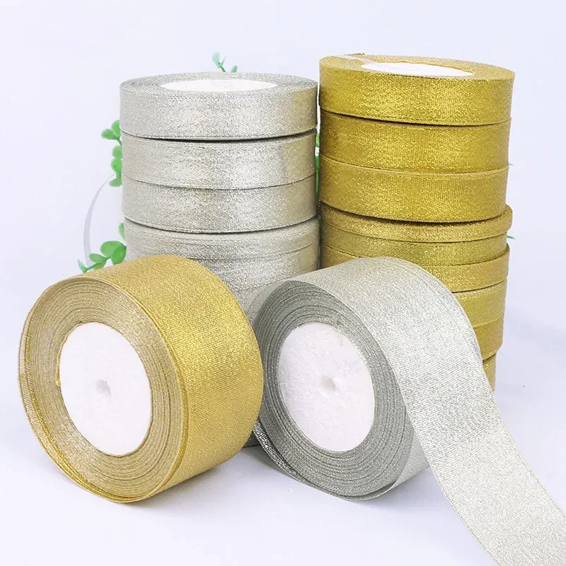 25 jardów / rolka Złota / srebrna wstążka z organzy Szerokość 0,6 cm-5 cm DIY Rękodzieło Akcesoria Taśmy Materiały ślubne Tort Prezent Dekoracja — 2