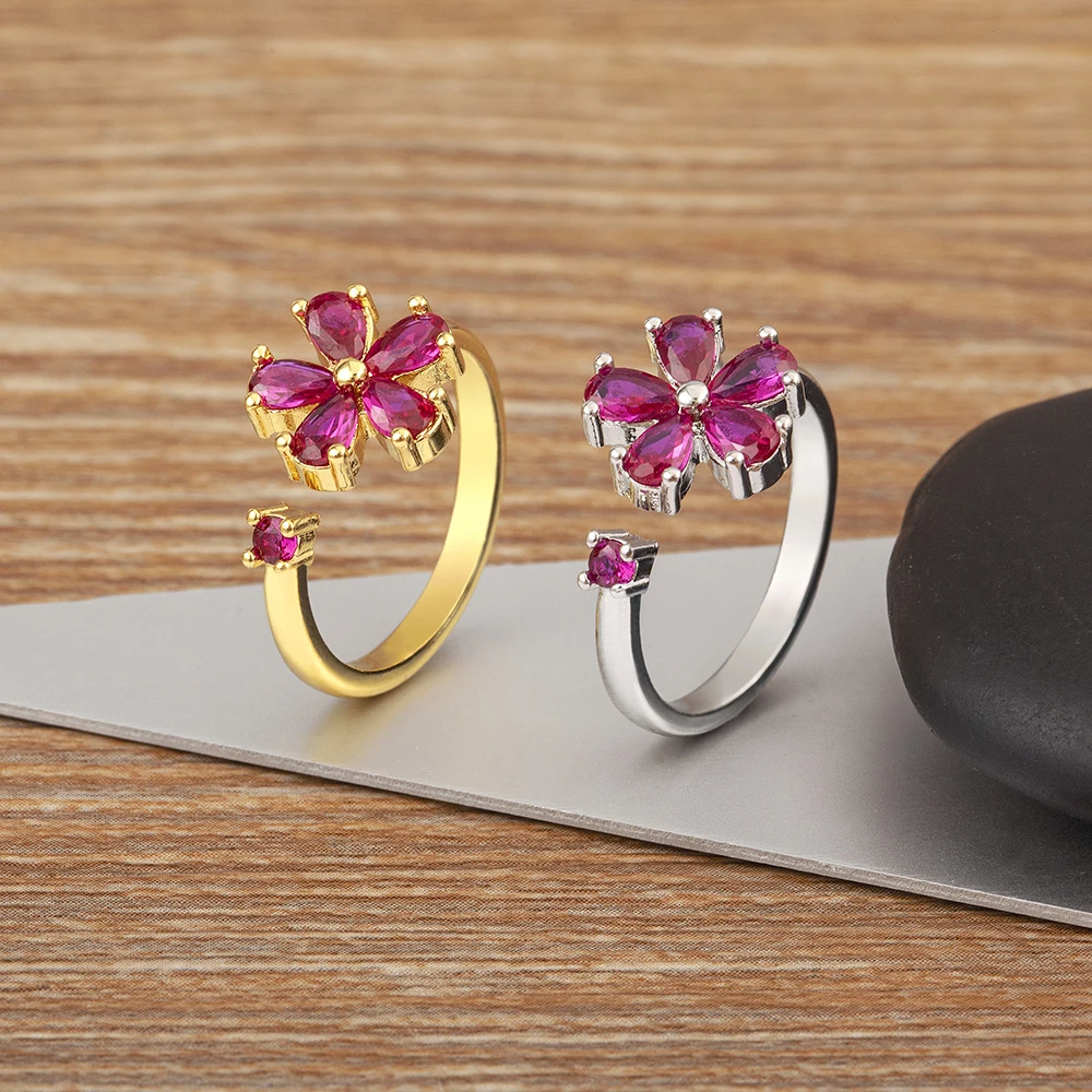 Nidin розово-красные циркониевые круглые кольца в форме цветка для женщин и девушек, новый дизайн, милые ювелирные изделия, оптовая продажа