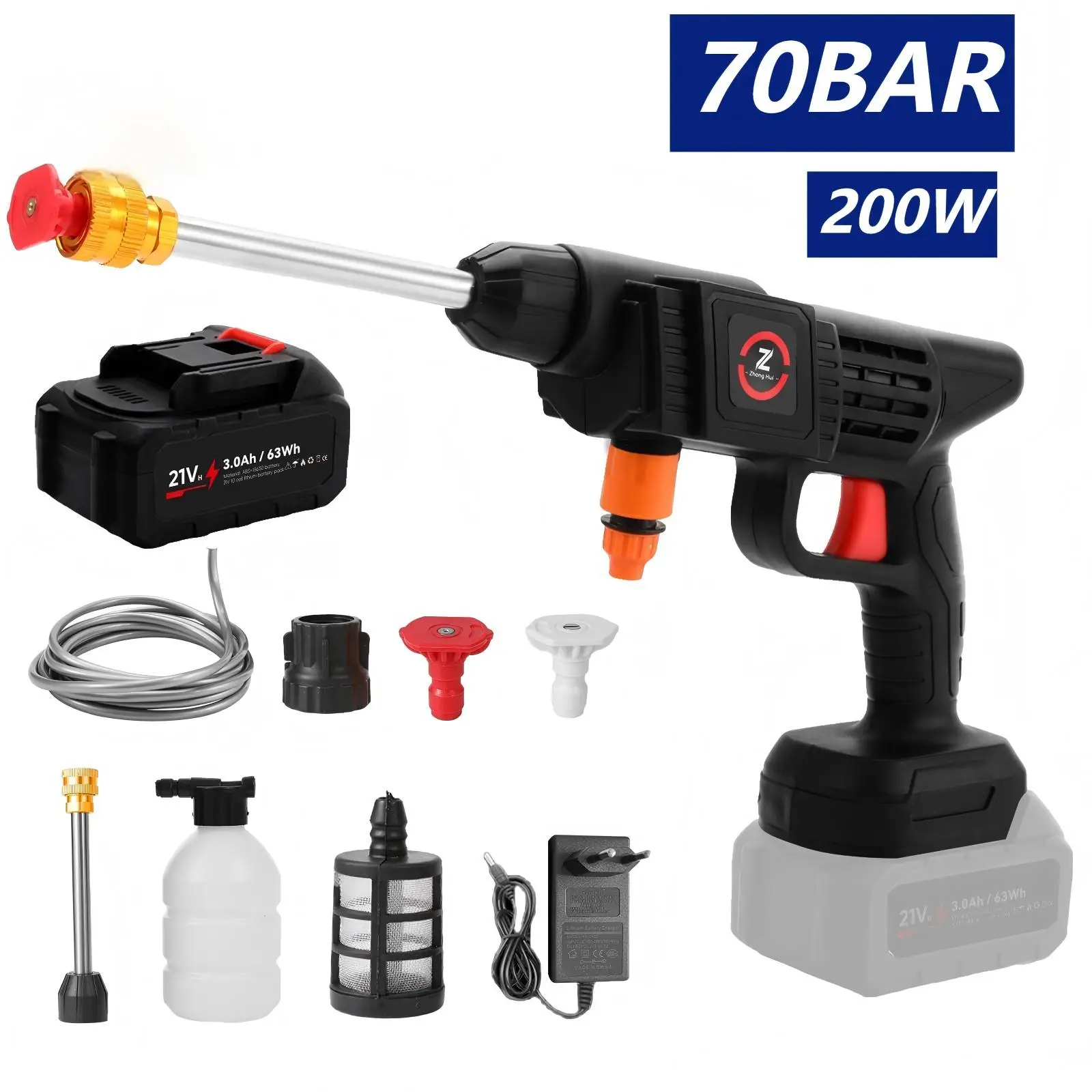 Pistolet de lavage de voiture Portable haute pression 70BAR, batterie Ultra longue durée de vie de 20000mAh, portée de pulvérisation de 10M, idéal pour les cours et les jardins