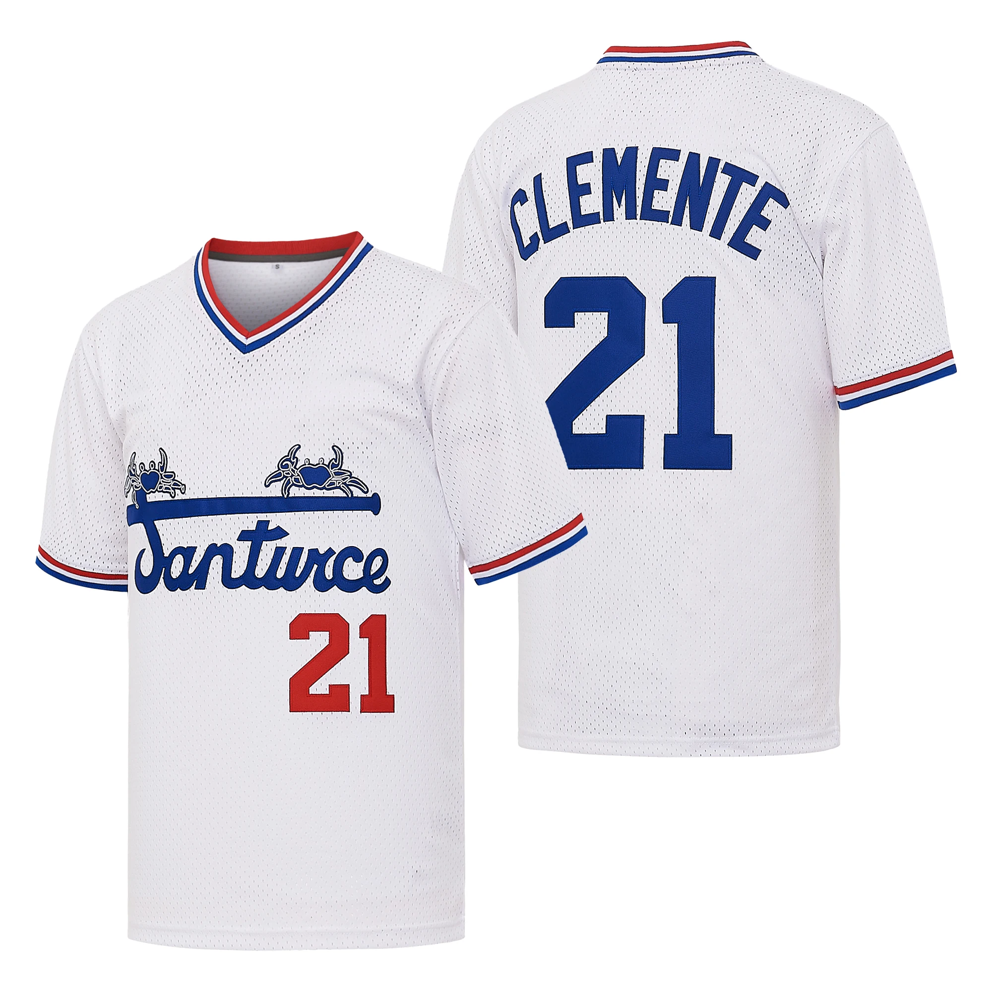 Men's Santurce Crabs #21 Roberto Clemente Baseball Jersey Letter Embroidery , V-Neck Retro Pullover Sportswear, Game Day Gift