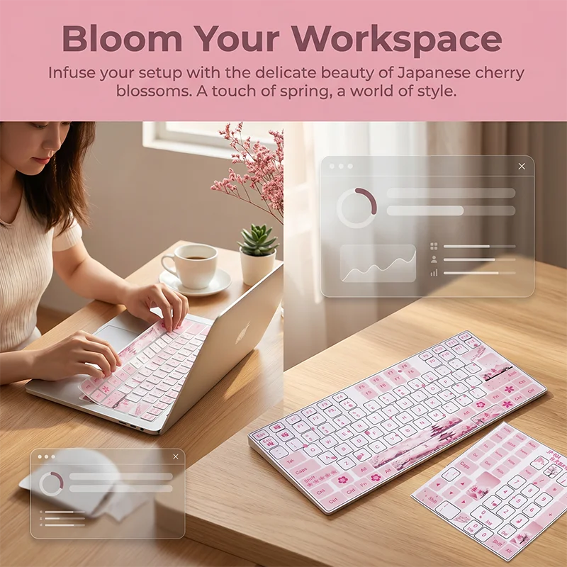 Cute Pink Sakura Keyboard Keycap Stickers For 84/104/108 Keys Mechanical Desktop Keyboard DIY Decor Transfer Key Decals