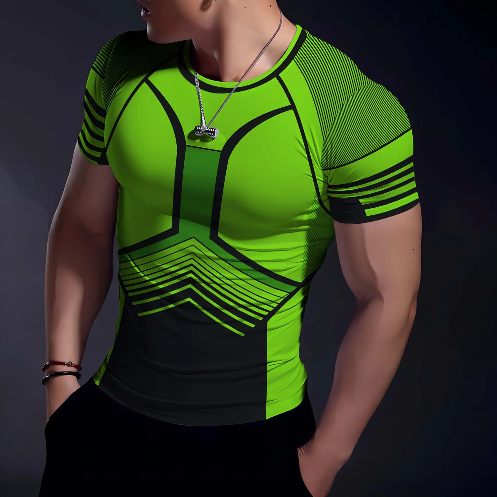 Herren 3D-Druck Geometrisches Streifenmuster Kompressions-T-Shirt Schnelltrocknend Kurzarm Fitness Lauf- und Trainings-Oberteil – Detail 5