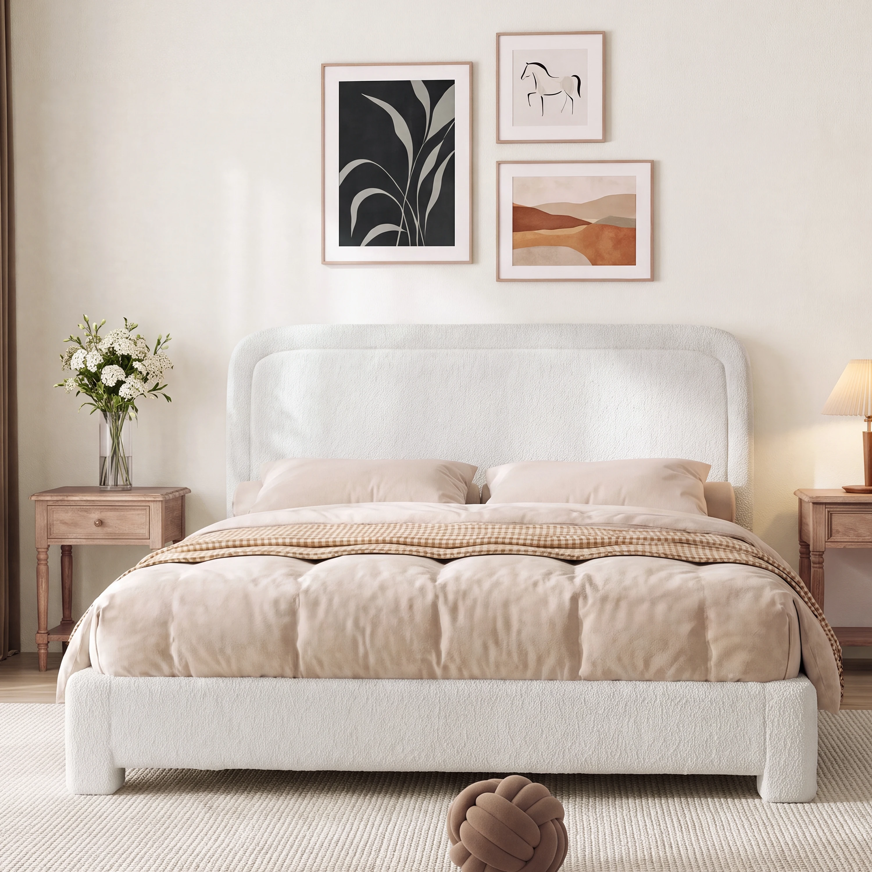 Teddy Fabric Upholstered Bed Frame with Adjustable Headboard, Curved Anti-Collision Platform Bed with Wood Slat Support, Noise-Free Bed Base for Bedroom