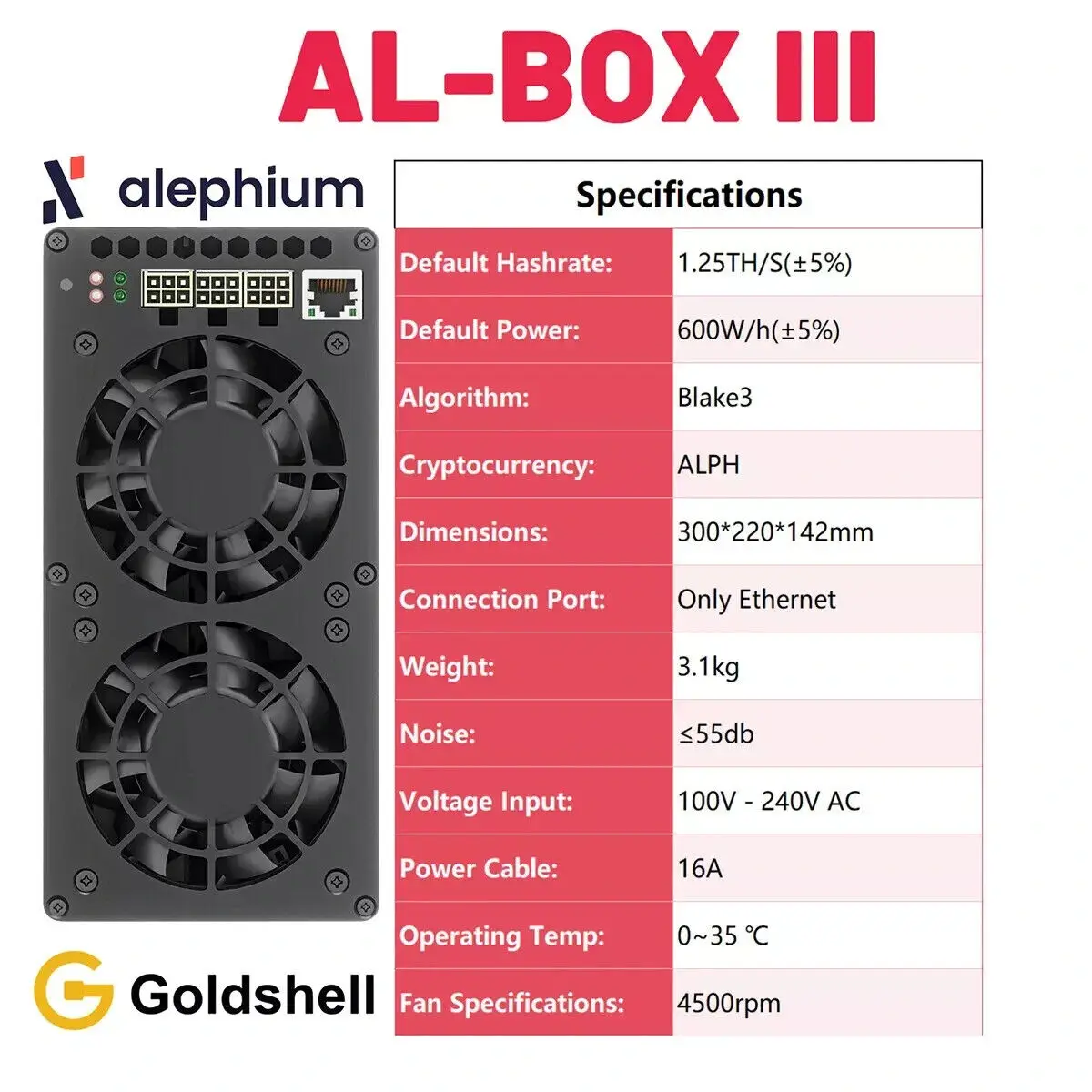 Goldshell AL BOX III miner ALPH hashrate 1.25TH/S 600W Blake3 Alephium in stock