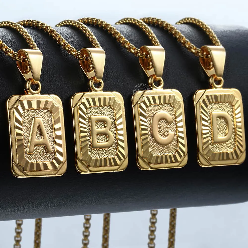 Initial A-Z Alphabet Capital Letter Pendant Necklace for Men Women Gold Color Stainless Steel Box Link Chain Jewelry