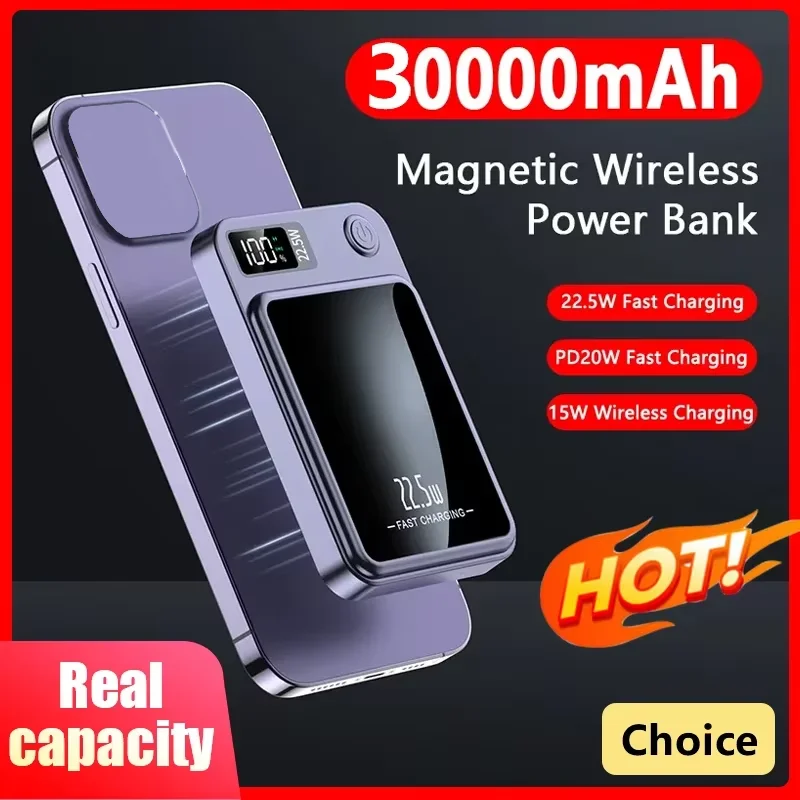 

Power Bank 30000mAh Magnetic Wireless 22.5W Fast Charging External Battery Charger for Samsung Huawei iPhone 12 PD 20W Powerbank