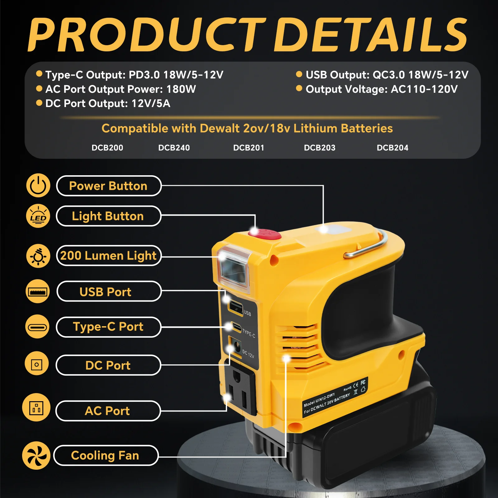 

Портативный инвертор мощности 180 Вт для аккумулятора Dewalt 20 В постоянного тока 20 В переменного тока 110 В/220 В, адаптер аккумуляторной батареи со светодиодной рабочей подсветкой