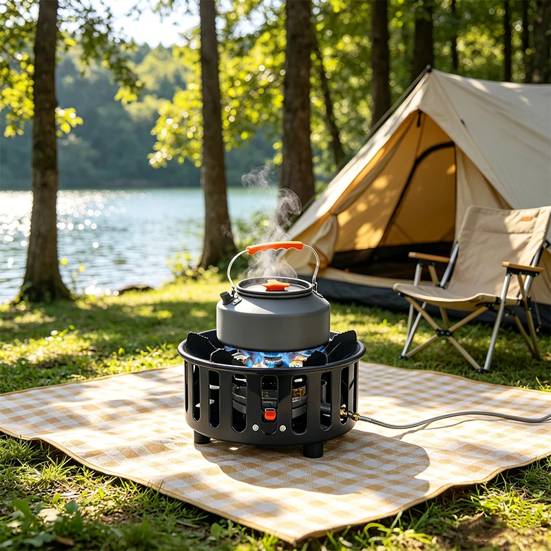 Quemador de Gas para Camping, Cocina al Aire Libre con Estufa de 7 Quemadores de Alta Eficiencia, Plegable, Resistente al Viento, Potencia Ajustable, Portátil para Senderismo, Excursionismo y Picnics