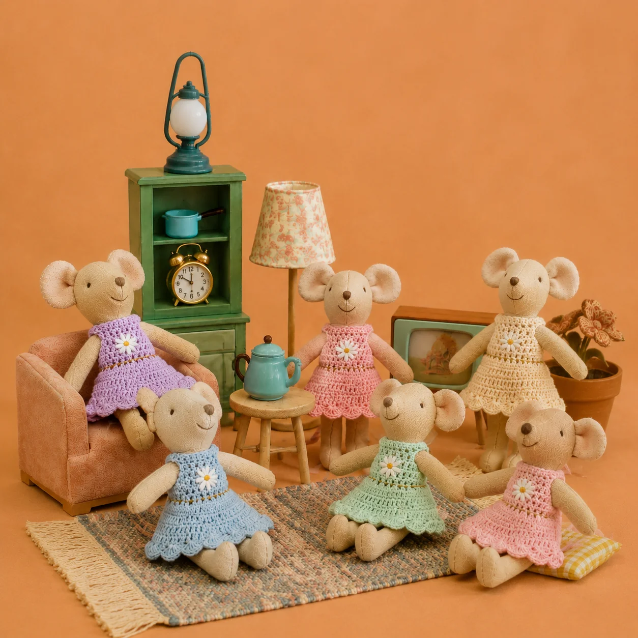 Nordic Handmade Mouse Family Doll Crochet Dress Soft Linen Mouse Toy Cute Nursery Decoration Kids Pretend Play Gift