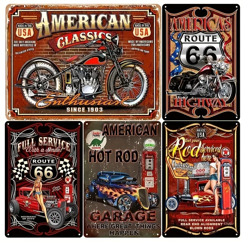 

5pcs Vintage American Garage Metal Tin Sign Set - Classic Car & Motorcycle Wall Decor - 8x12 inch,Iron Art for Man Cave, Home