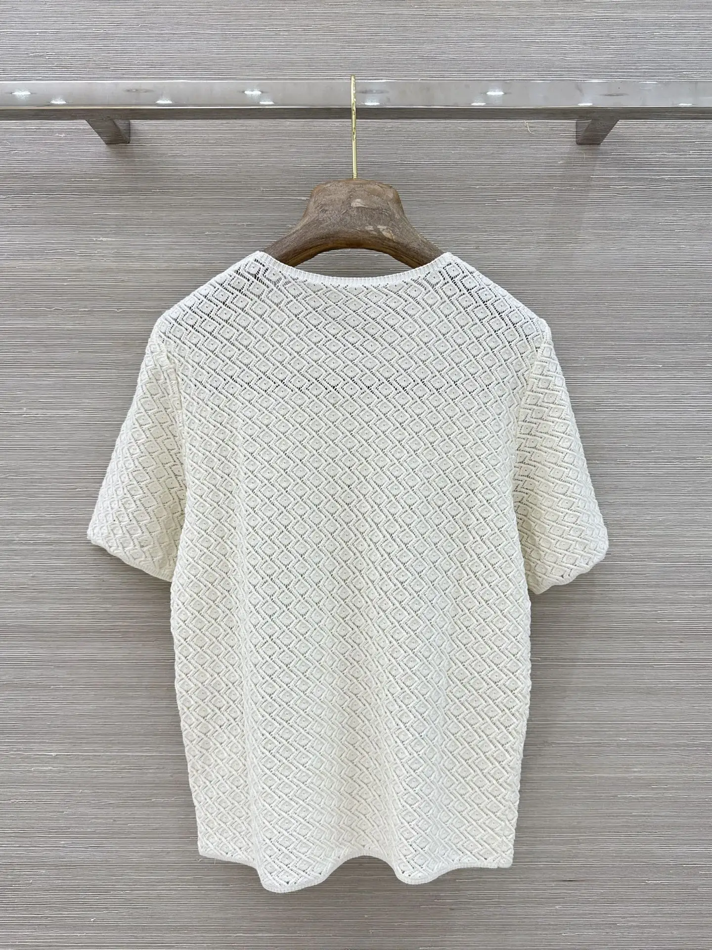 

2026 Summer Women's Diamond Lattice Openwork Crew Neck Short Sleeve Knit Top Loose Breathable Gentle Style Blouse ZX127