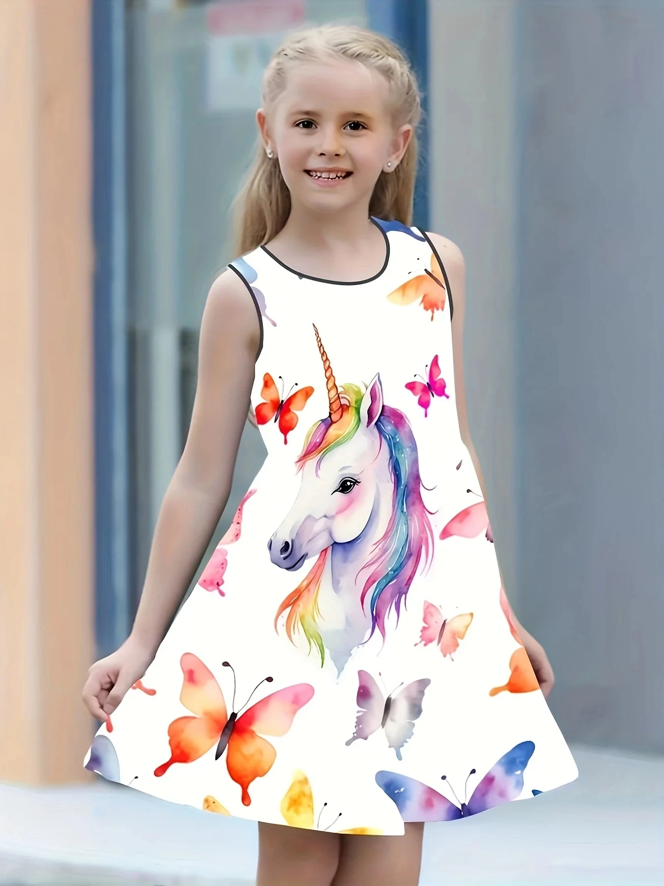 Summer 2-15 years old girls Fashion Novelty Cute Unicorn Print Sleeveless Dress Casual Comfortable Breathable Party Dresses