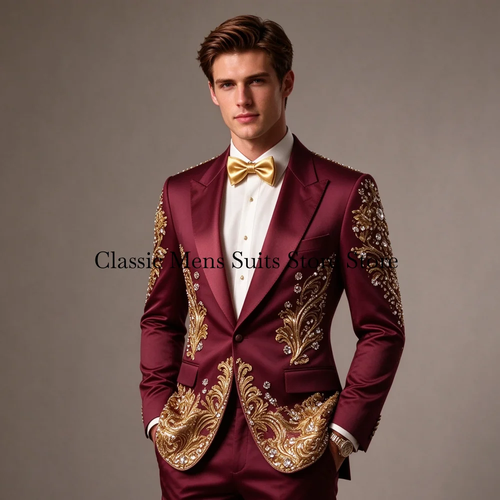 Stunning Beaded Men Suit Customized Fashion Corset Gem For Prom Groom Male Wedding Party Luxury Blazer 2 Pieces Set Tuxedos Slim